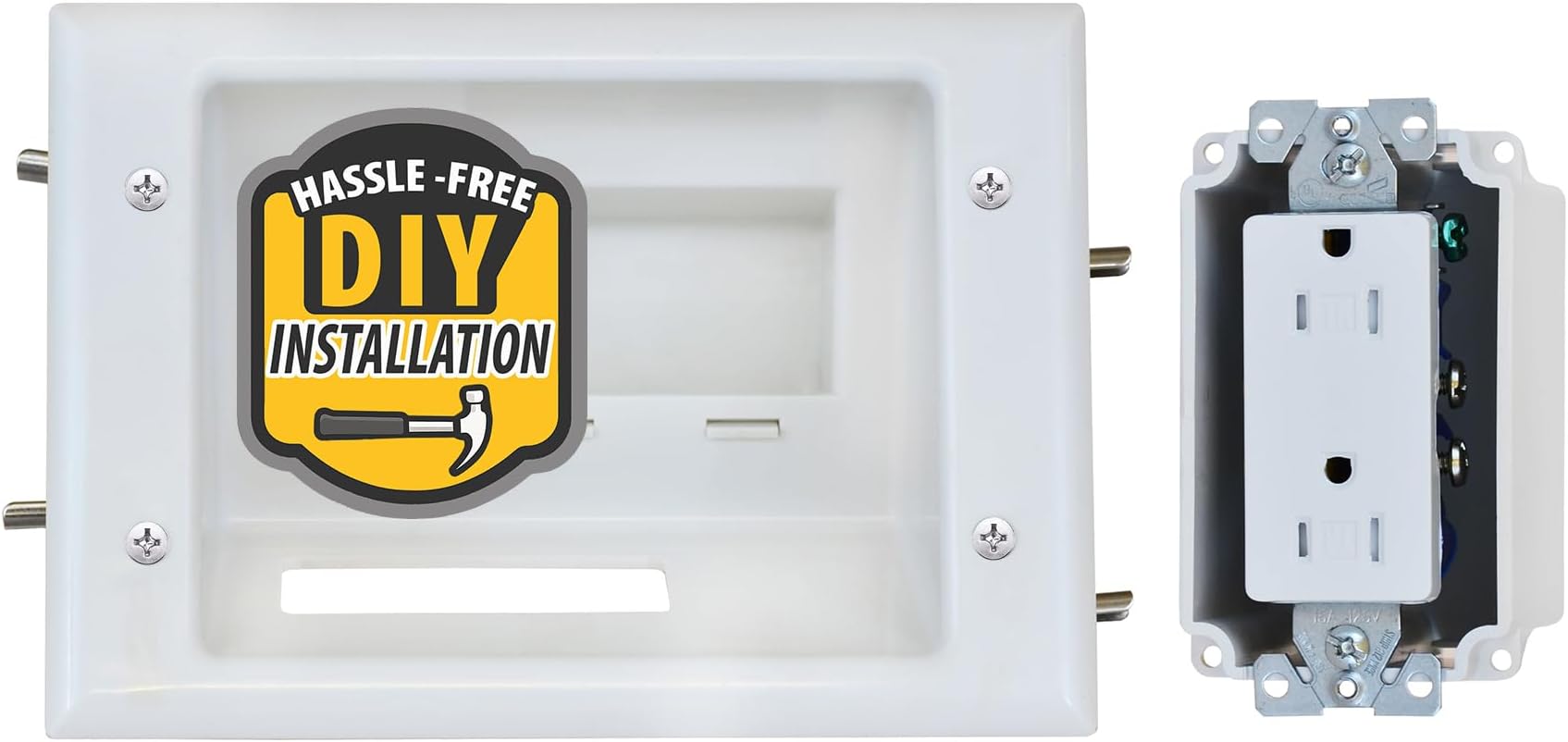 45-0071-WH Recessed Low Voltage Cable Plate with Built-In Duplex Receptacle Outlet, Easy To Install - Ideal for Home Theater, TV & Power Cable Management, Mid-Size, White