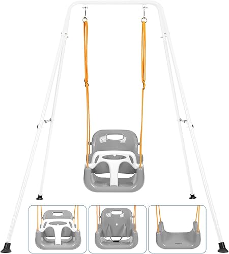 Miniatura 11 de Juego de columpios 3 en 1 para niños pequeños, juego de columpios para bebé con soporte de metal plegable para jugar al aire libre e interior, Azul