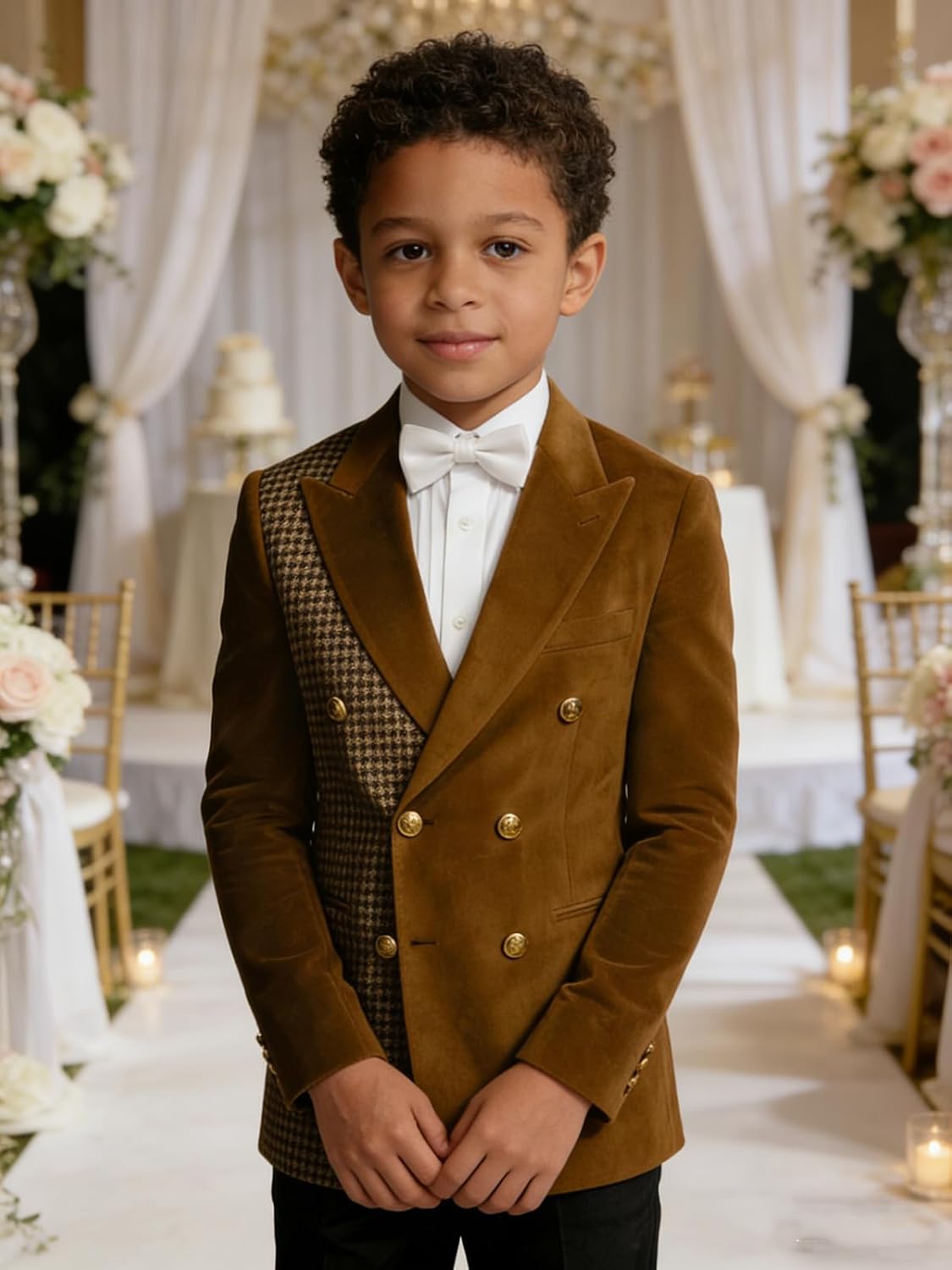 VENNYNG Boys' Double Breasted Blazer Two-Tone Velvet & Houndstooth Dress Coat Formal Casual Jacket