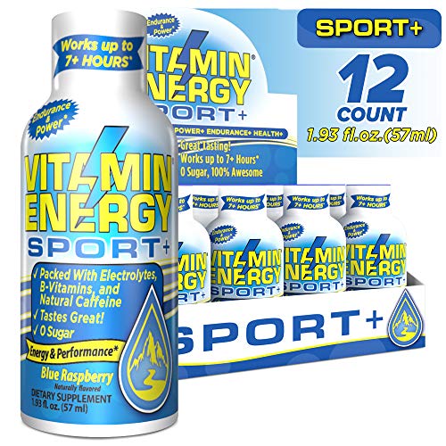 (12 Pack) VitaminEnergy Sport+ Energy Shots, Lasts up to 7+ Hours, Blue Raspberry with Electrolytes, Vitamin Supplements, Natural Caffeine, and Energy Boosting Keto Drink, 1.93 fl oz Ea.
