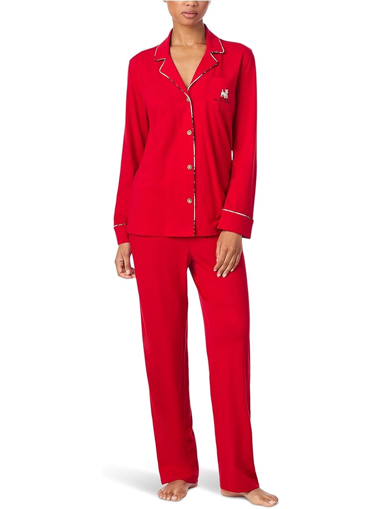 Red Lauren Ralph Lauren Long Sleeve Notch Collar Knit PJ Set