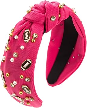 Women Fashion Football Headband Pearls Rhinestones Jeweled Top Knotted Wide Hairband For Football Fan Hair Accessory Game Day Hairband