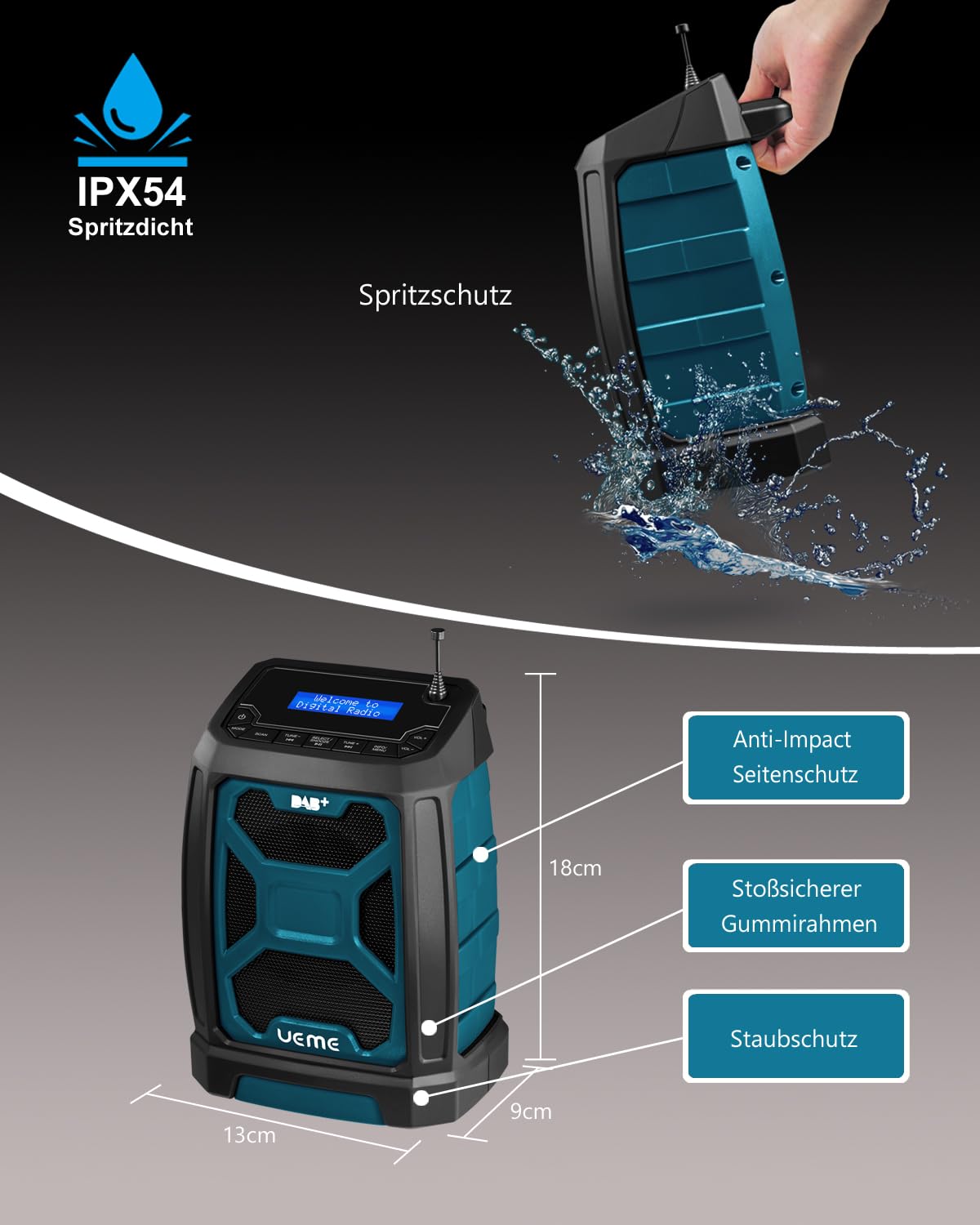 Baustellenradio DAB Mit Akku Aufladbar (6000mAh), DAB+, FM Radio, Bluetooth 5.0, Dual Radiowecker, Aux, Starkem Empfang, Robustes Gehäuse, Spritzwassergeschützt, Akku- und Netzbetrieb (Blau)