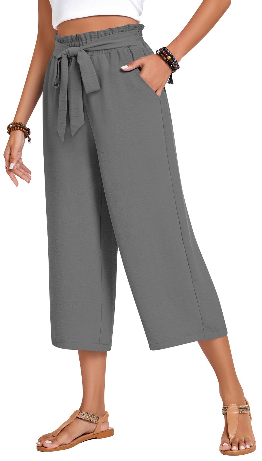Aodemo Womens Capri Pants Plus Size Wide Leg High Waist Tie Knot Pants Casual Loose Palazzo Trousers with Pockets M-4XL