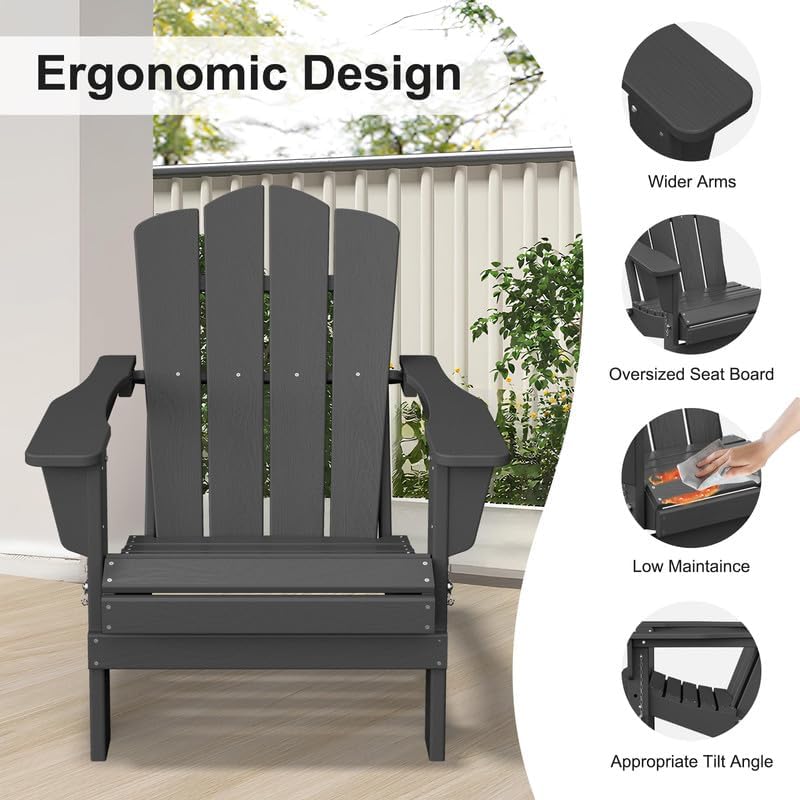 Adirondack Chair, Plastic Folding Outdoor Patio Chairs, Outside HDPE Chairs for Lawn, Yard, Gray(1PC)