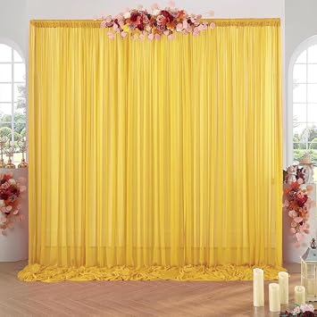 MDS - 2 Panels 5ft x 7ft Chiffon Photo Drapes Two Pages Curtain Voile Sheer Glimmer Wrinkle Free Photography Backdrop Backgrounds for Wedding Arch Ceremony Party Stage Decoration - Gold