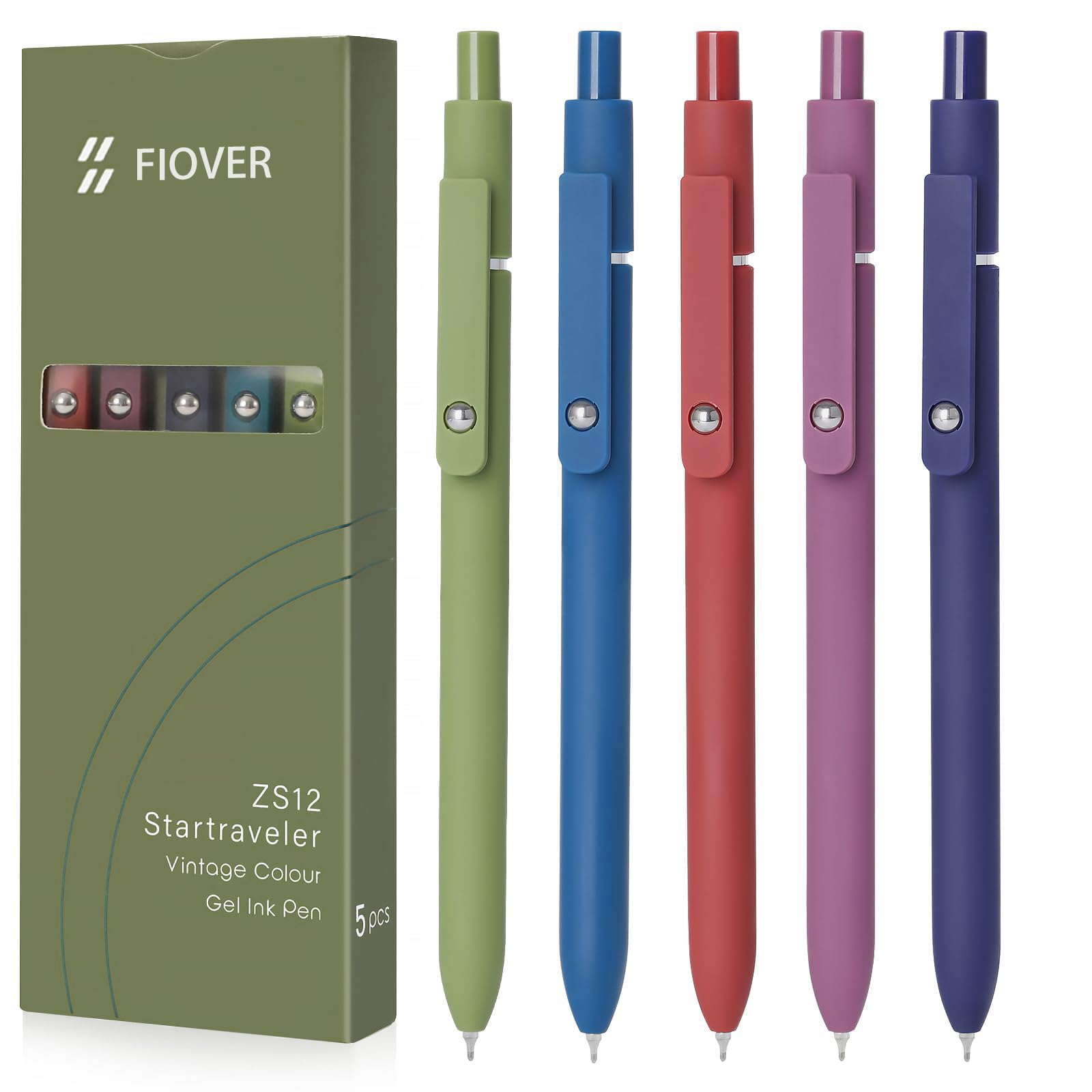 High-End Vintage Gel Pens, 5-Pack 0.5mm Fine Point Black Ink Pens with Soft Grip & Metal Clip, Smooth Writing Retractable Pens for Journaling, Office, Note Taking(Retro color)