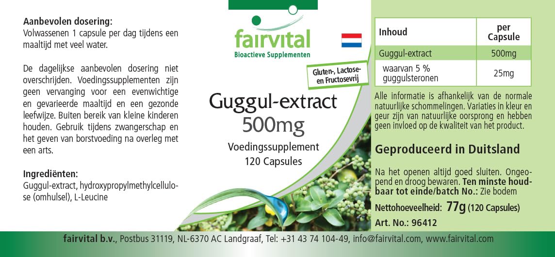 fairvital Extrait de guggul 500mg, 120 gélules, 5% de guggulstérones, qualité certifiée et hautement dosé, 100% végétalien, fabriqué en Allemagne