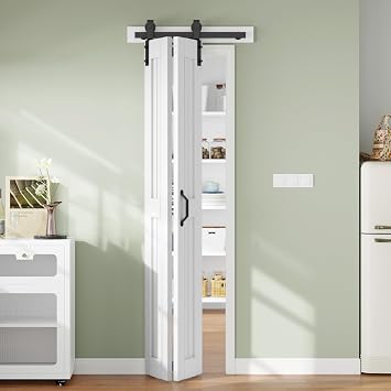 Bifold Barn Door 28 x 84 in Double 14 inch,Bi-fold Sliding Closet Doors with Hardware Track kit Included, 2.8ft Rail for 2 Doors,Save Space,MDF Wood Panel,PVC Surface,DIY Assembly, White