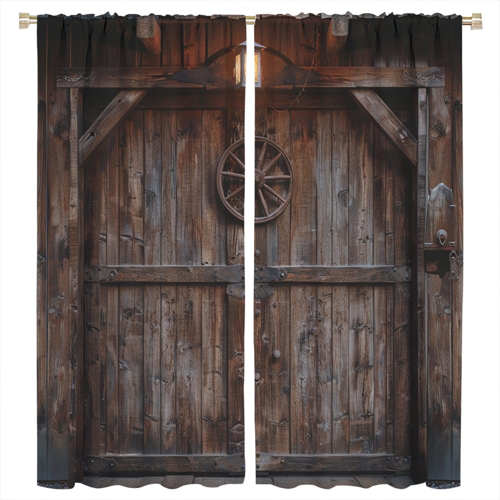 FYFMUSHE Modern Wooden Door Blackout Curtains Natural Field Barn Watercolor Rod Pocket Window Drapes Room Darkening Curtains for Bedroom 140cm W x 160cm L
