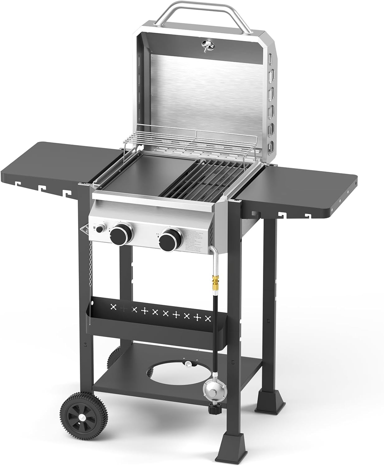 Electactic 2-Burner Propane Gas Grill with Cast Iron Pan & Grates, 16,000 BTU Stainless Steel BBQ for Patio Backyard