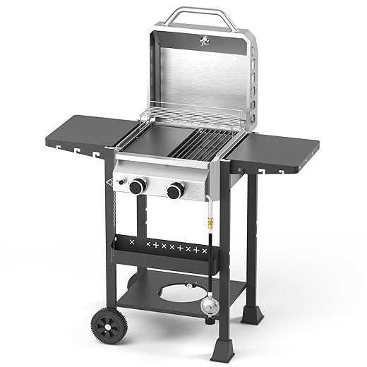 Electactic Propane Gas BBQ Grill 2-Burner Barbecue Grills with Cast Iron Frying Pan and Grates Combo, 16000 BTU Output Stainless Steel Grill for Outdoor Cooking, Patio, Backyard Party