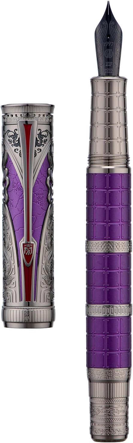 Hongdian D5X Fountain Pen Purple Color Fine Nib, Qin Dynasty Retro Chinese Totem Engraving Smooth Writing Pen with Converter and Pen Box Set