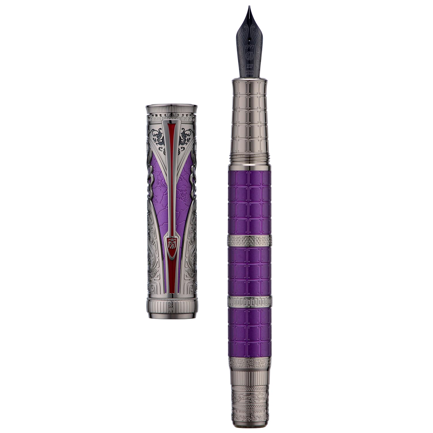 Hongdian D5X Fountain Pen Purple Color Fine Nib, Qin Dynasty Retro Chinese Totem Engraving Smooth Writing Pen with Converter and Pen Box Set