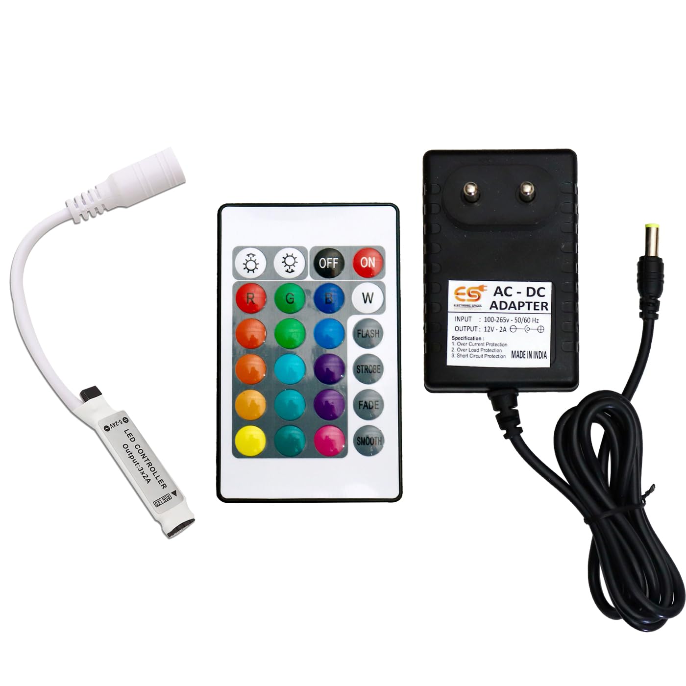 Electronic Spices Combo of 12V 2A DC Power Supply Adapter with 5.5mm Male Connector & RGB Controller Multifunctional-image-27