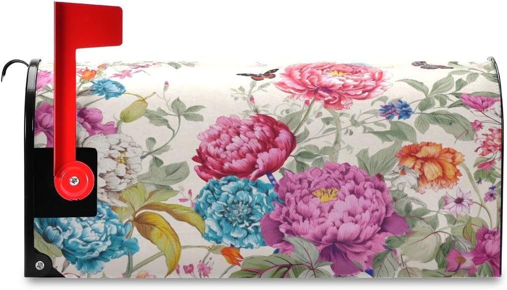 Butterfly and Pink Flower Mailbox Covers Standard Size 21x18 Inch Oxford Cloth Post Box Magnetic Cover for Garden Yard Outdoor Decor