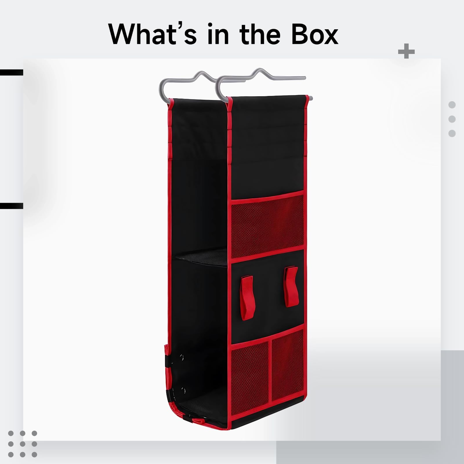 Organizer regolabile da appendere, in tessuto Oxford, con 3 ripiani, per libri e articoli vari, 90 x 22 cm, nero e rosso
