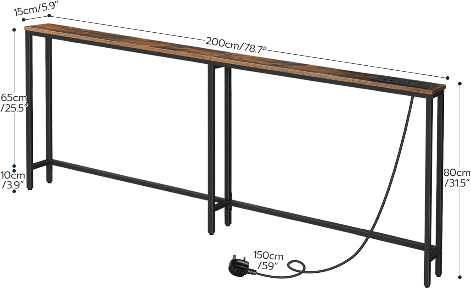 Diagram showing the dimensions of the HOOBRO console table: 200cm length, 15cm width, 80cm height, and 150cm power cord length.