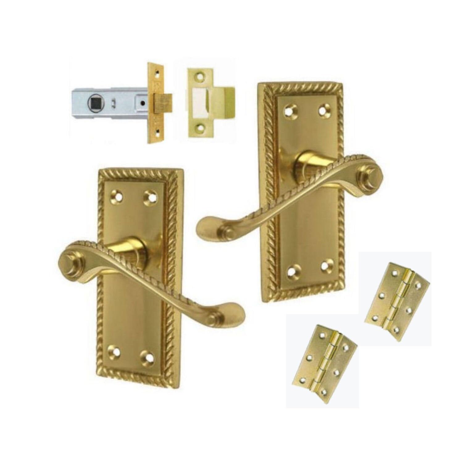 Georgian Brass Lever Latch Door Handles +3" Hinges and 64mm Latch