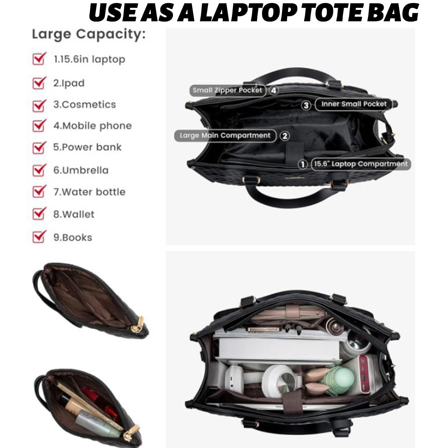 Borsa Tote 2 in 1 da 15,6 Pollici con Scomparto per il Pranzo - Borsa da Lavoro Grande per Ufficio (Nero)