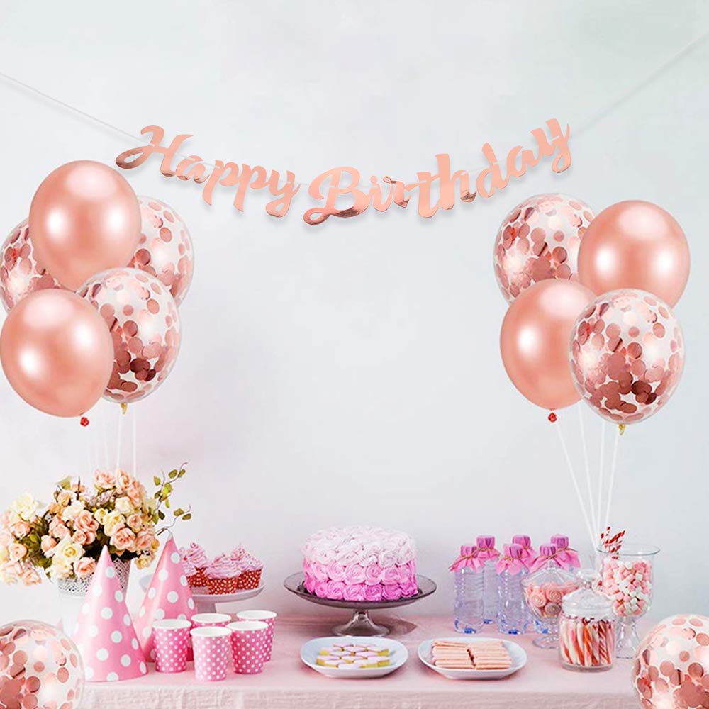 VINFUTUR Rose Gold Happy Birthday Banner Metallic Bunting Banner Rose Gold Foiled Happy Birthday Party Bunting Banner Achtergrond Verjaardagsfeestje Decoratie (Rose Goud