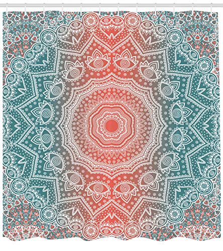 Ambesonne SC_25610 Coral And Teal Shower Curtain, Modern Tribal Mandala Tibetan Healing Motif With Floral Geometric Ombre Art, Cloth Fabric Bathroom Decor Set thumb #1