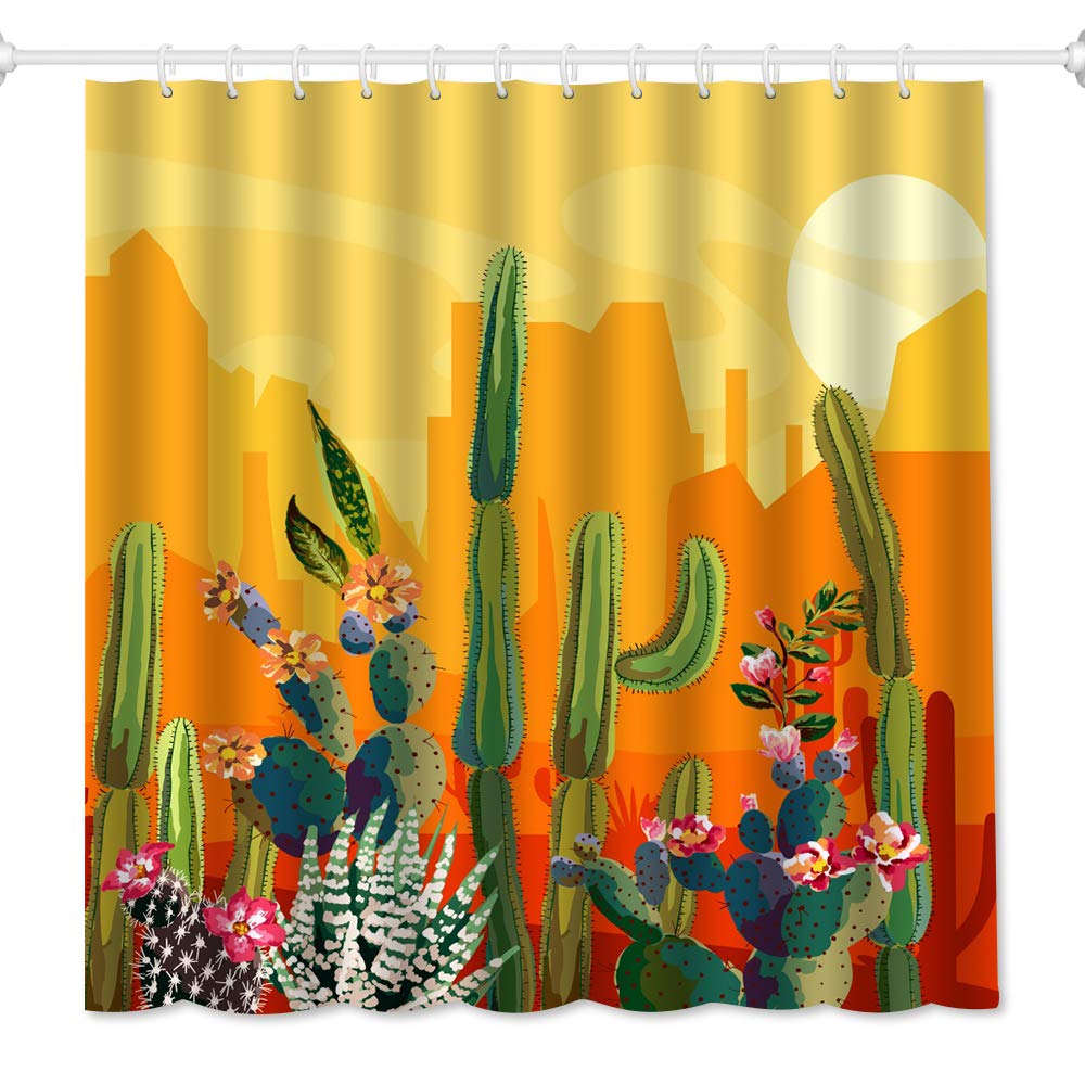 QiyI Sunset Cactus Shower Curtain Set Succulent Plants Flowers 3D Print Fall Decor for Home Orange Bathroom Accessories Waterproof Machine Washable Fabric Bath Curtains with 10 Hooks 60" W x 72" L
