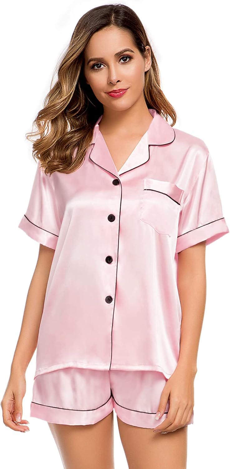 LecGee Womens Silk Satin Pajamas Short Sleeve Loungewear Two-Piece Sleepwear Button-Down Pj Set - Image 2