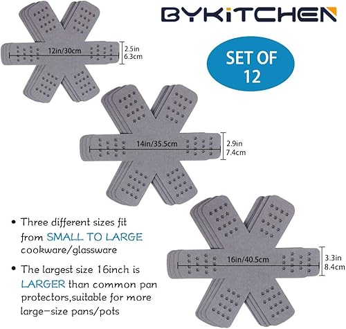 Miniatura 3 de BYKITCHEN Protectores de ollas de cacerola, protector de sartén más grande y grueso con estrellas, juego de 12 y 3 tamaños diferentes, almohadillas