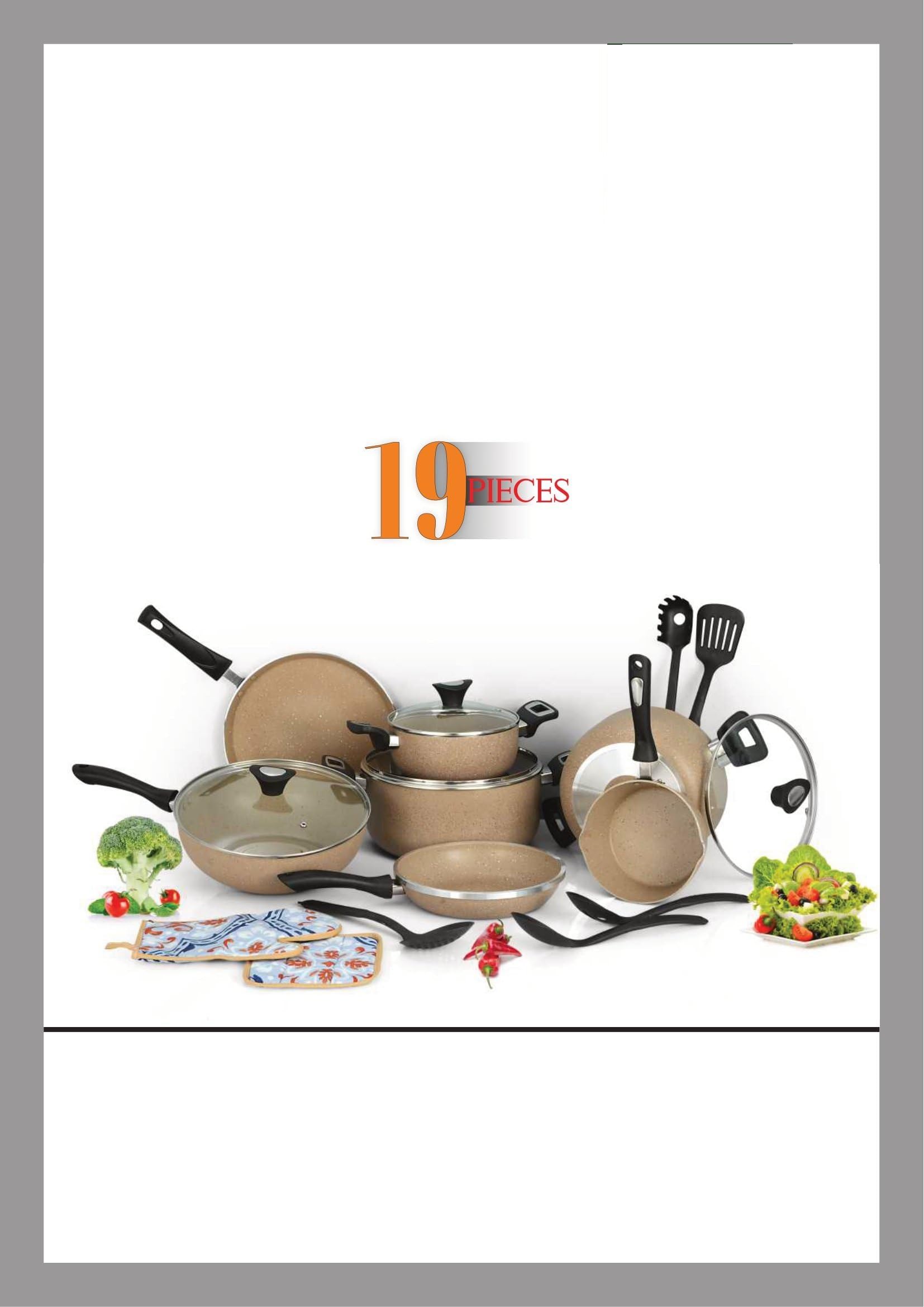 AR-Cook Ware GLORY Soft Grip Healthy Ceramic Family Set Nonstick – Marbel Finish Non-Stick Cookware set Heavy 19 Pcs Set (G-BLACK)