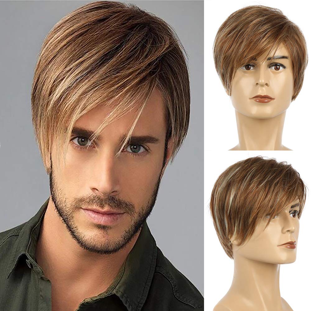 Baruisi Mens Brown Wig Short Layered Straight Cosplay