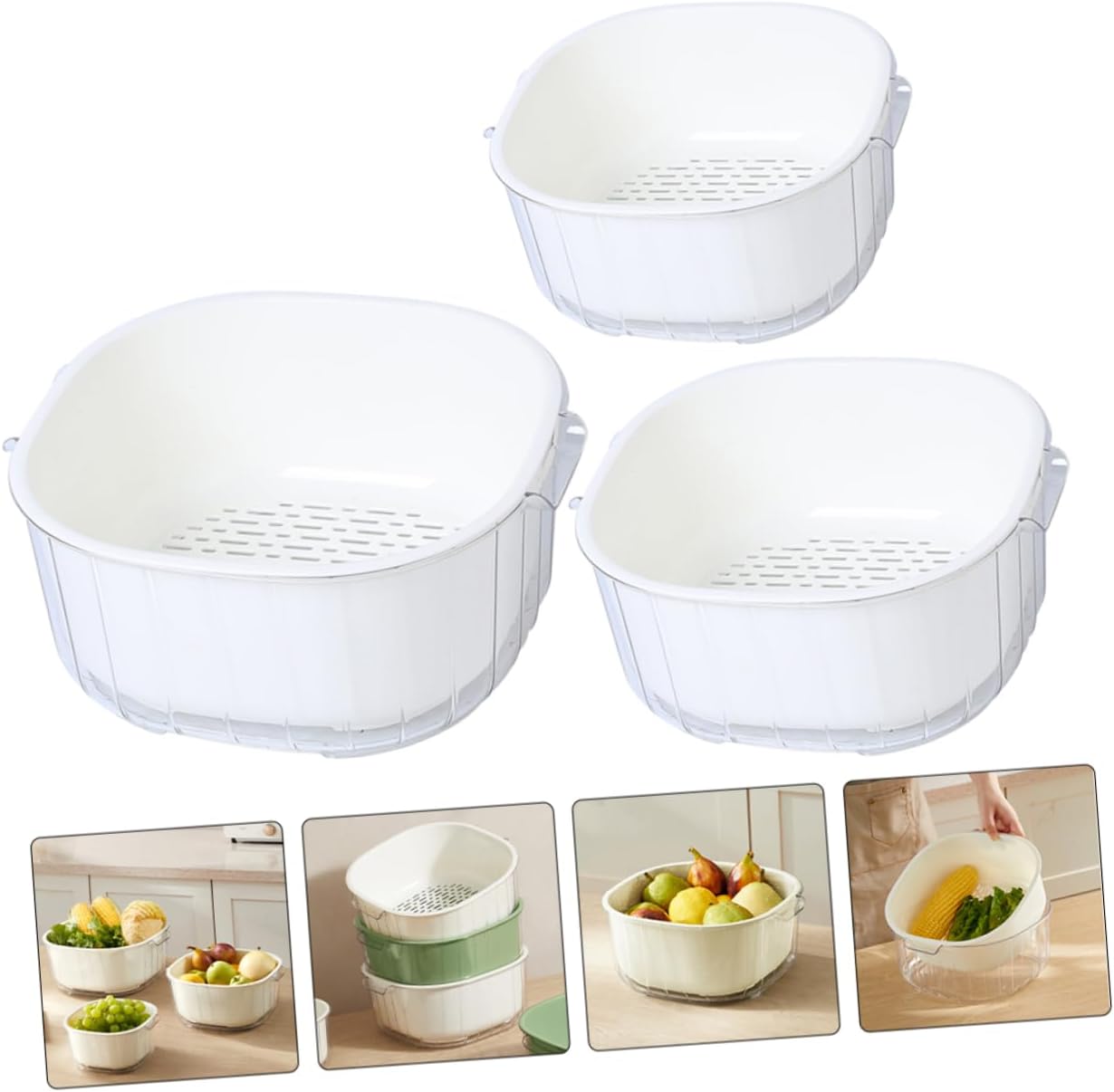 Cabilock 3-Piece Detachable Vegetable Strain Basket Set Dual-Layer Reusable Washing Baskets for Kitchen Easy Draining and Rinsing Fruits and Vegetables