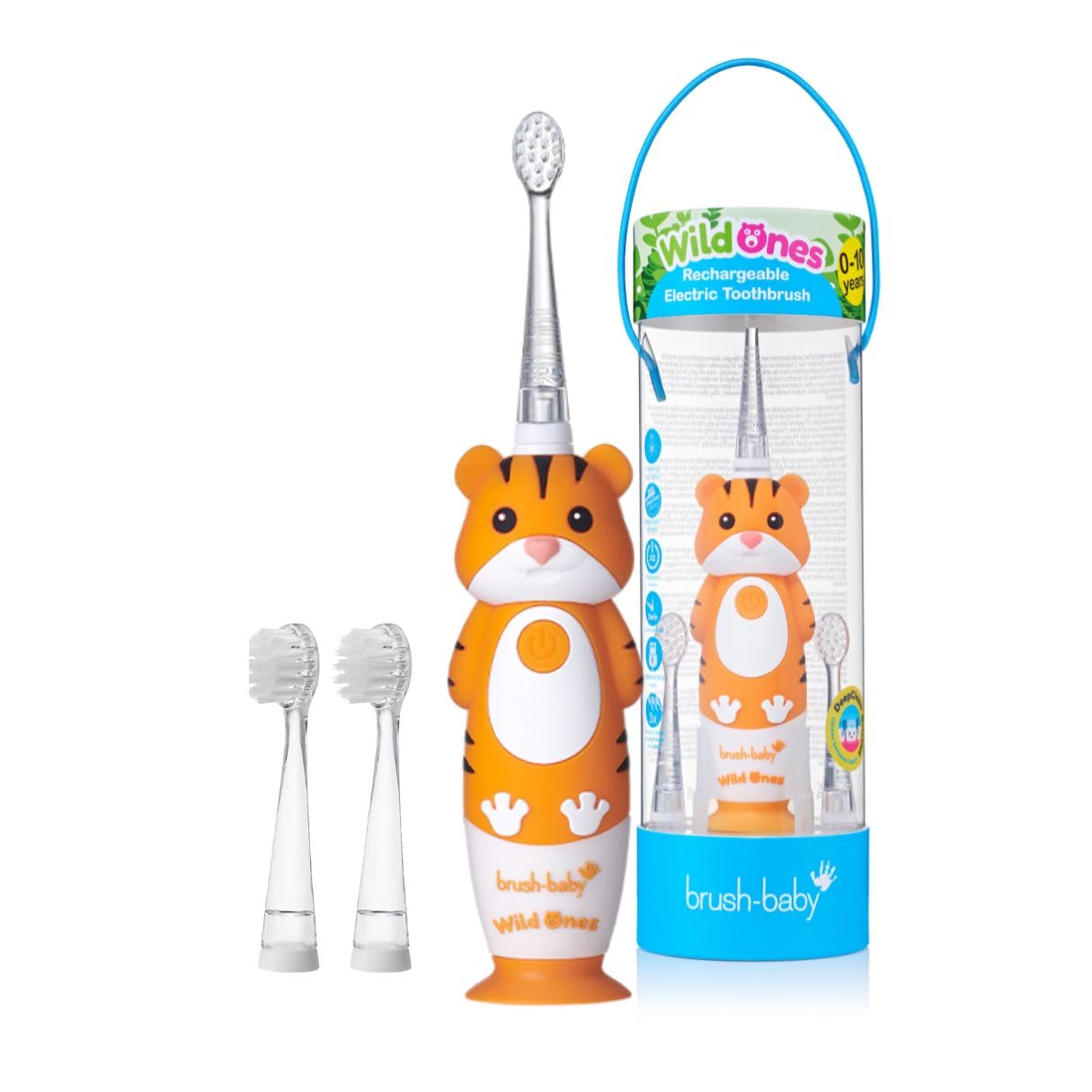 brush-baby WildOnes™ Rechargeable Kids Electric Toothbrush – Toby Tiger | Flashing Lights, 2-Min Timer, Waterproof, 3 Brush Heads | Toddler & Child Toothbrush Ages 0-10 | Soft Bristles