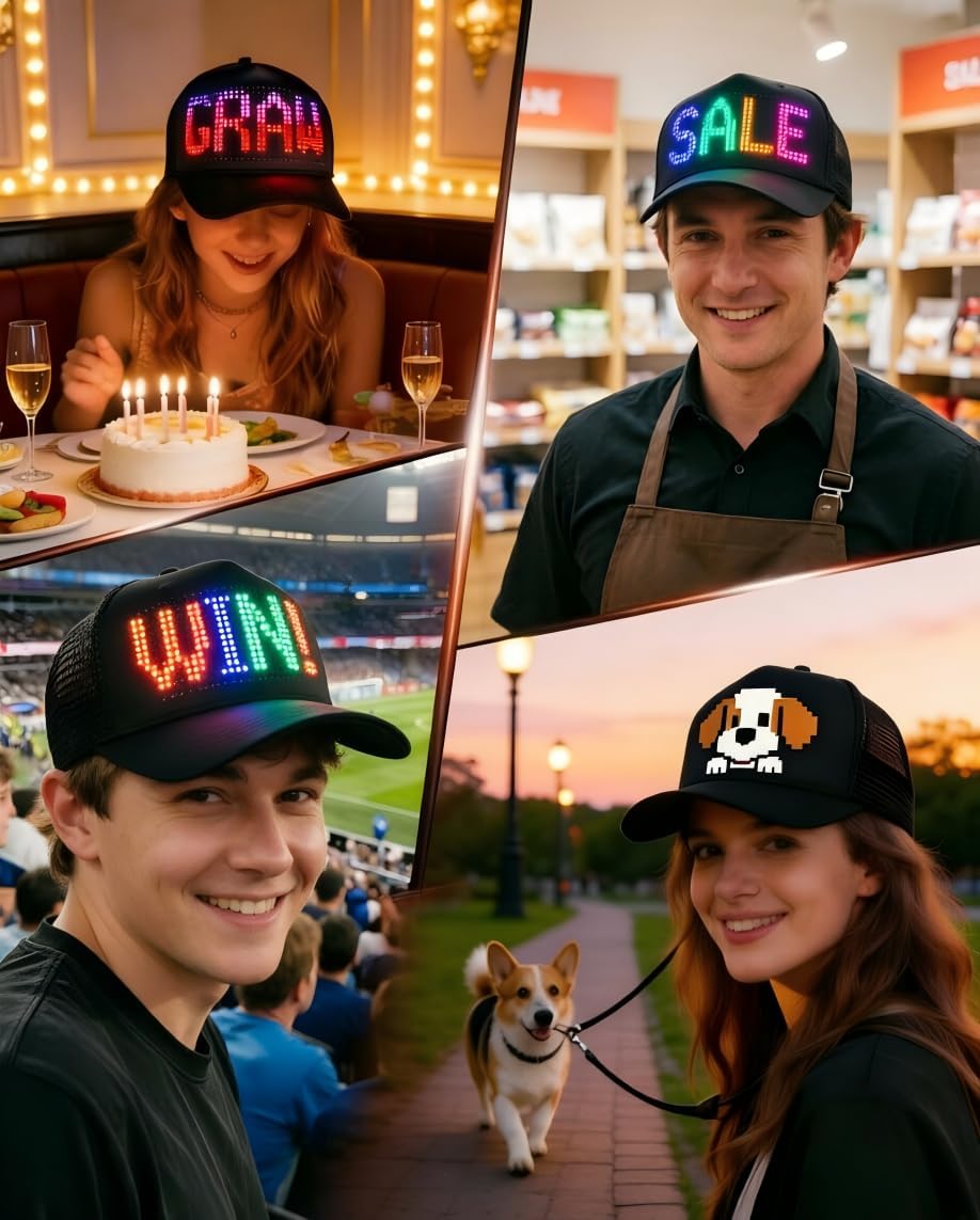 Programmable LED Hat Bluetooth App Control, Custom Text Smart Baseball Cap, Rave Party Funny Hats, for Men