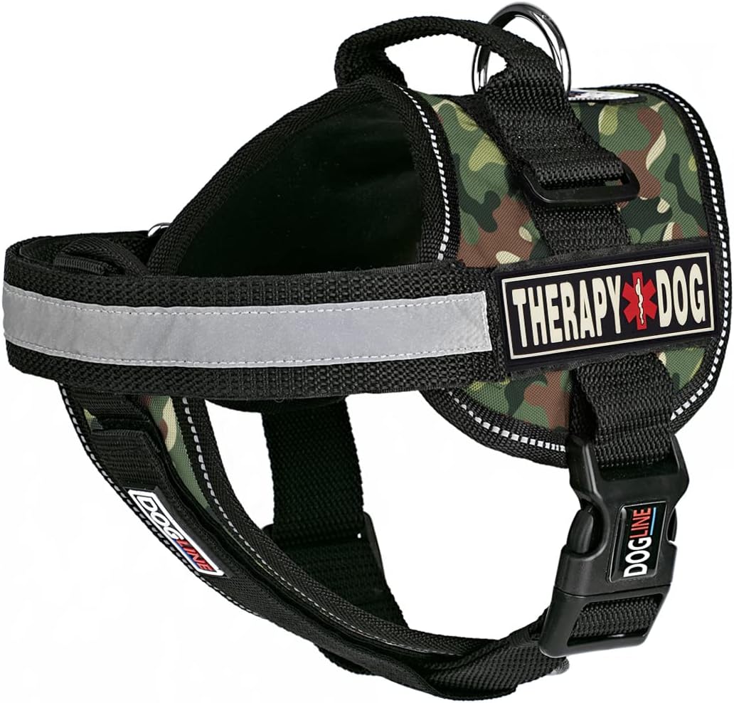 Dogline Unimax Dog Harness Vest with Therapy Dog Rubber Patches Adjustable Straps Breathable Neoprene for Identification Training Dogs Girth 18 to 25 in Green Camo