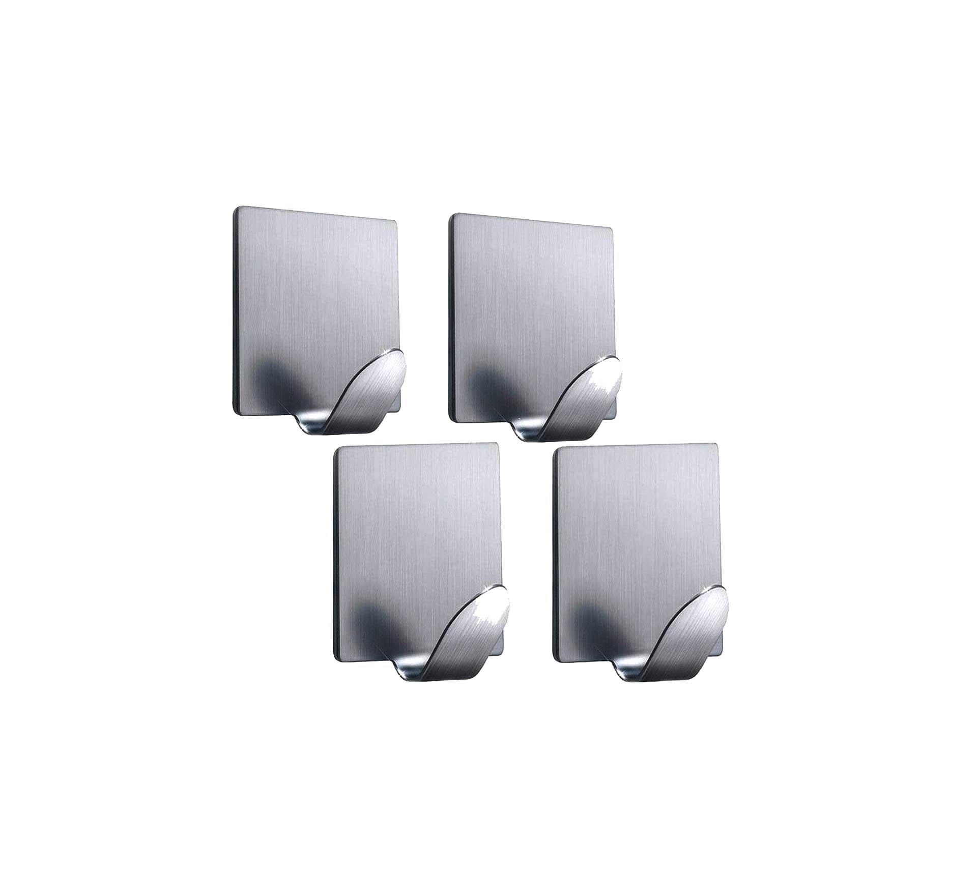 Mr.gadget's Solutions Silver 4 X Self Adhesive Square-Shaped Hook Sliver Chrome Stainless Heavy Duty Wall Sticky Hooks Waterproof Hooks For Robe, Towel, Key, Coat, Hat, Clothes, Shower Bathroom Kitchen Home Decor