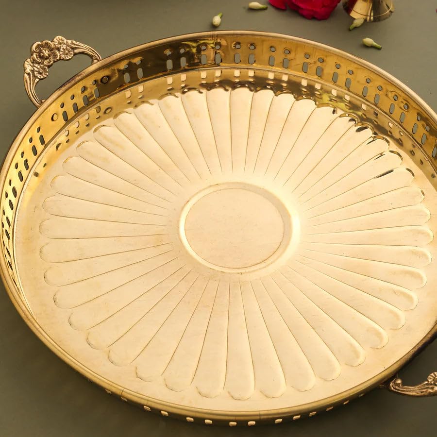 Image of RM Metals Pure Brass Pooja Thali with Handles - 10-Inch Traditional Floral Design Aarti Plate | 480 grm Handmade Glossy Finish Puja Thali for Temple, Home, and Festive Use