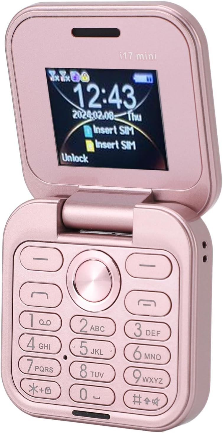 Brrnoo Flip Small Cell Phone Dual Nano SIM Media Player HD Rear Camera LED Flashlight GSM Network Seniors (Pink)