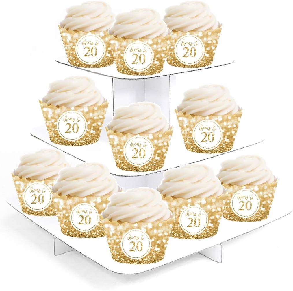 Andaz Press Glitzy Faux Gold Glitter Cupcake Wrapper Decorations, Cheers to 20 Years, 20th Birthday or Anniversary, 24-Pack, Not Real Glitter