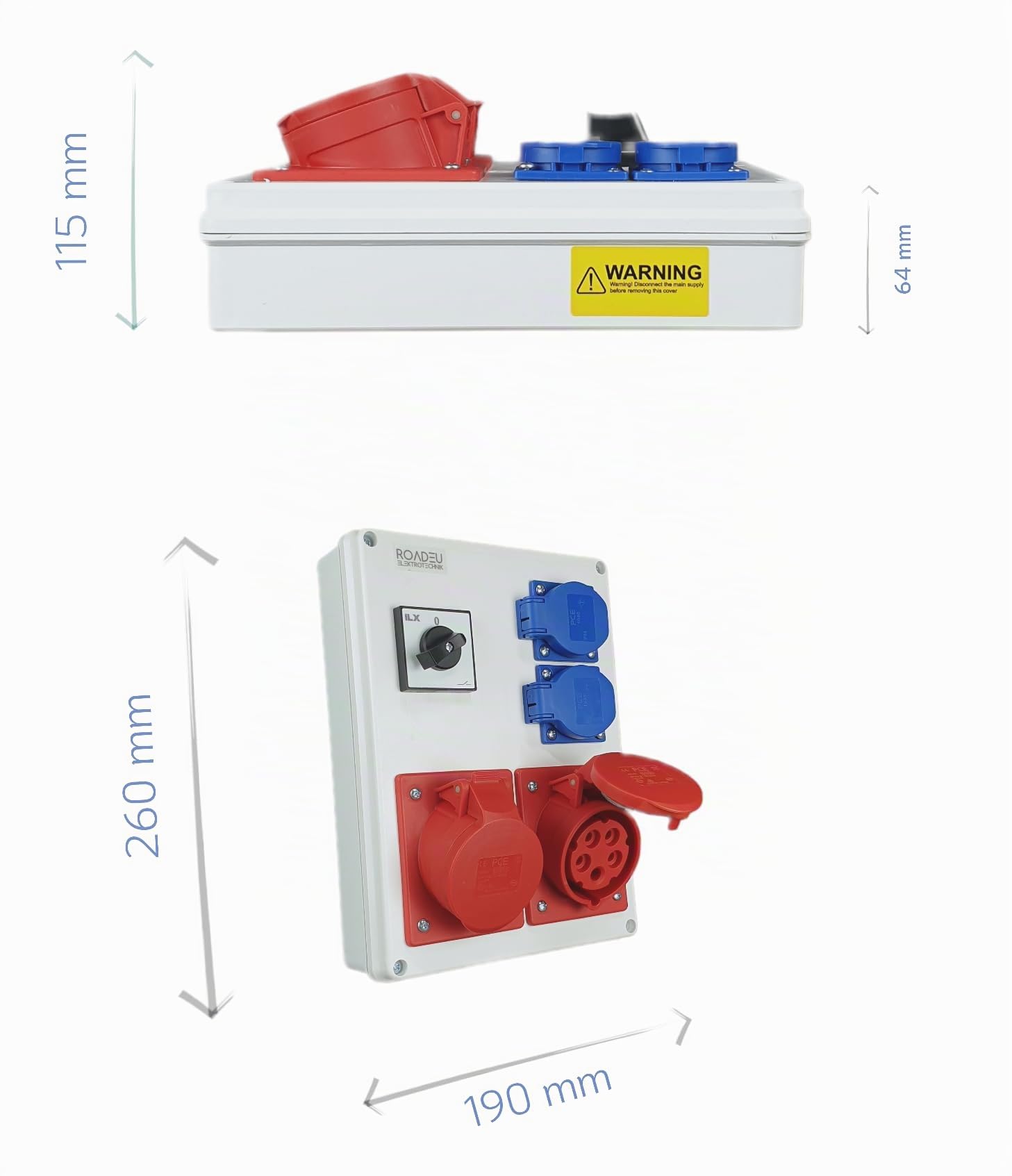 RoadEu - Caja de Distribución Eléctrica 16A con interruptor principal 0-1. 2 enchufes CEE 16A con Schuko de 230V. Cuadro electrico superficie IP44. Tomas múltiples industriales para obras
