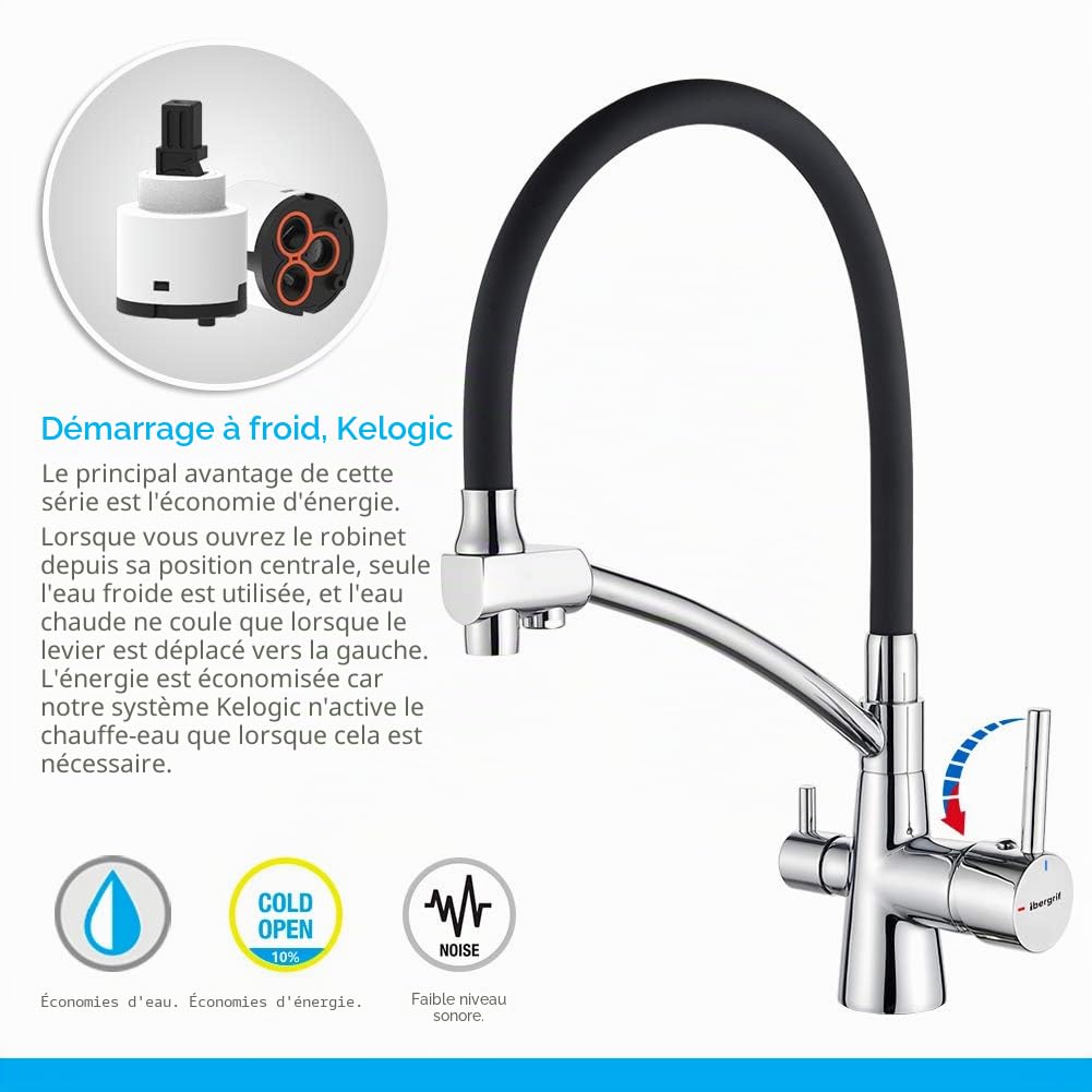 Ibergrif ‎M22128-2, Robinet de Cuisine à 3 voies, Mitigeur de Cuisine Flexible, Robinet d'Évier d'Eau Potable Réglable à 360° (Double Poignée), Corps en Laiton, Chrome, Argent/Noir