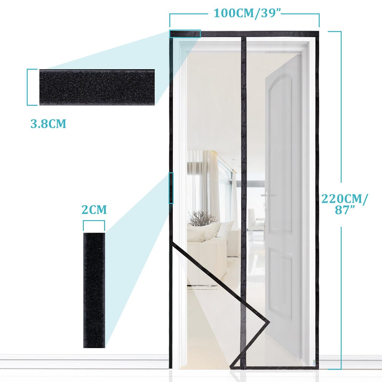 Apalus Prime Zanzariera con Magneti per Porte, 100x220 CM - Rete Fine, Tenda Totalmente Magnetica, si Chiude da Sola - Non Accorciabile (Prime Nero)
