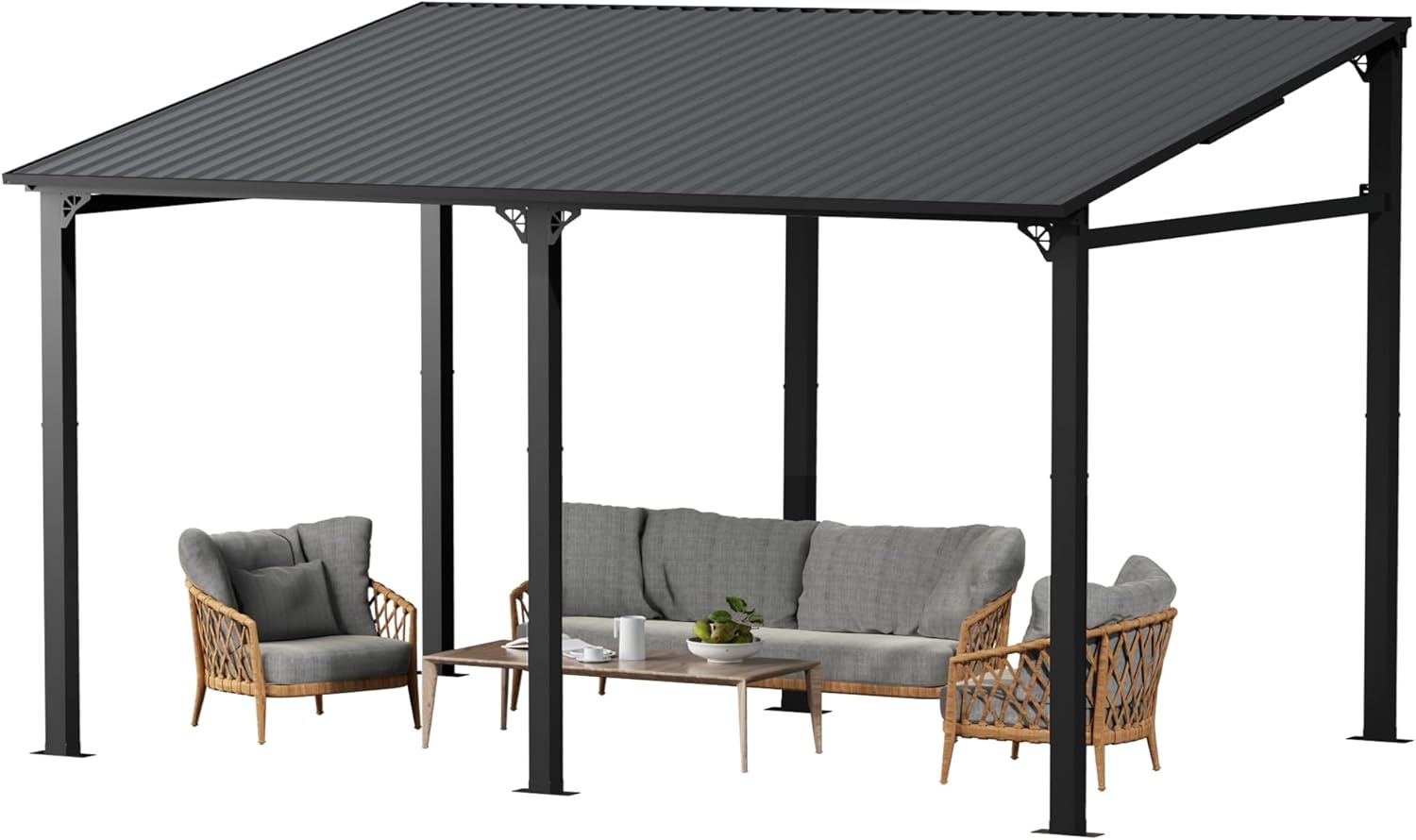 EBE 14' x 10' Hardtop Gazebo, Lean to Gazebos with Galvanized Steel Roof, Heavy Duty Outdoor Pergola and Gazebos Clearance, Wall Mounted Grill Gazebo Awning for Patio, Poch, Backyard