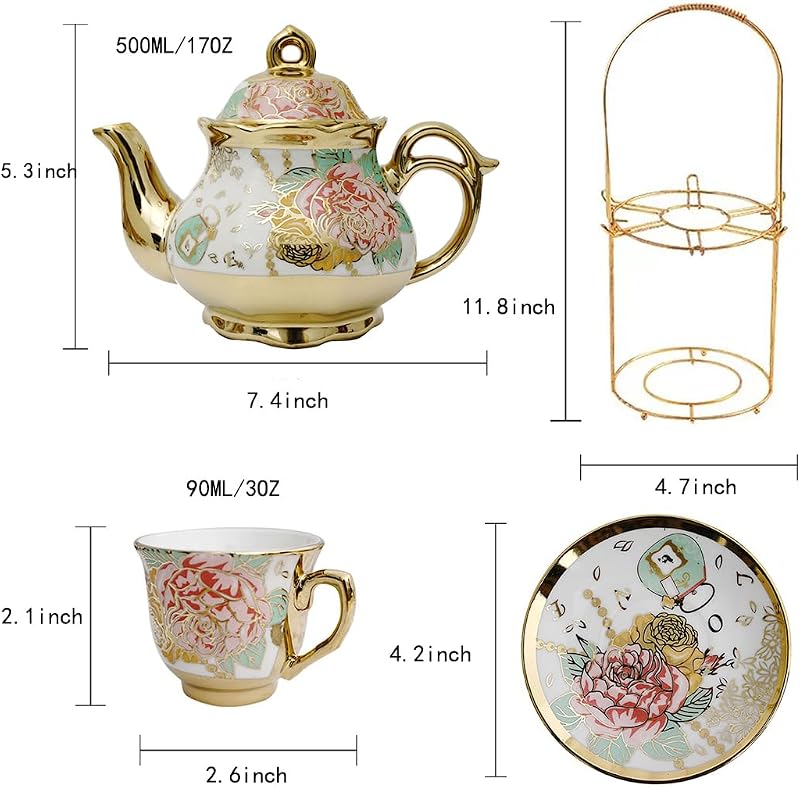 CHANJOON Aranyozott Piros Rózsa Kerámia Teáskészlet 6 Személyes Vintage Teáskanna