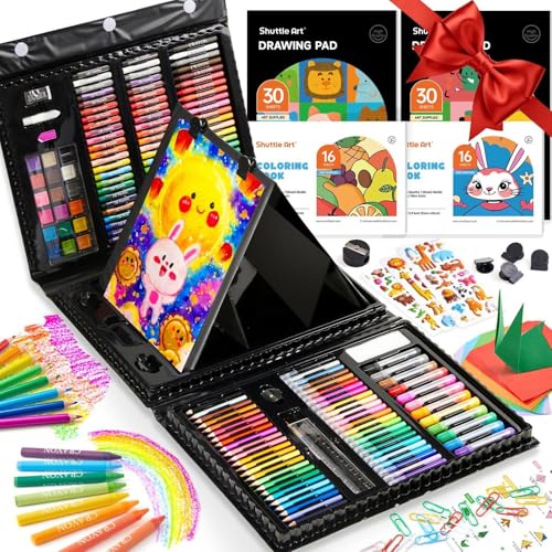 Shuttle Art 335 Piezas Maletin Pinturas, Juegos de Dibujo, Kit de Arte de Regalo con Caballete Tríptico, Blocs, Libros para Colorear, Pastel, Ceras, Acuarelas, Lápices de Colores (Negro)