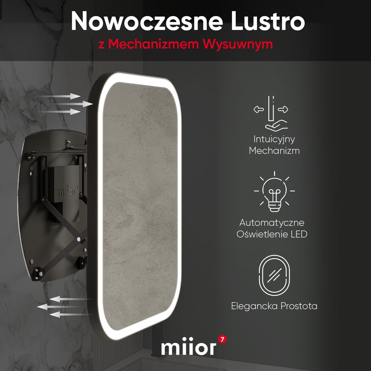 Newmi by Miior - Lustro Łazienkowe z Oświetleniem LED - 60 x 80 cm - z Wysuwnym Mechanizmem, Ultra Płaskie, Wysuwne do 30 cm - Lustro Ścienne Vic 6080 Biały