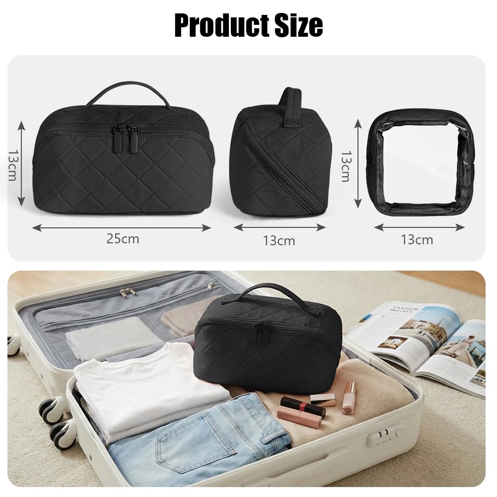 URAQT Trousse de Maquillage Femme, Trousse de Toilette Grande, Sac Cosmétique de Voyage Léger avec Compartiments, Ouverture à Plat avec Poignées, Lavable en Machine pour Voyage Bureau Quotidien Noir - 4