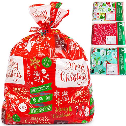 3 Jumbo Size 44 X 36 Christmas Giant Gift Bags with String Ties and Tags For Big Presents Large Toys and Huge Stuffed Animals Cerebrate a Holiday Assorted Color Sacks Treats Oversize Wrapping