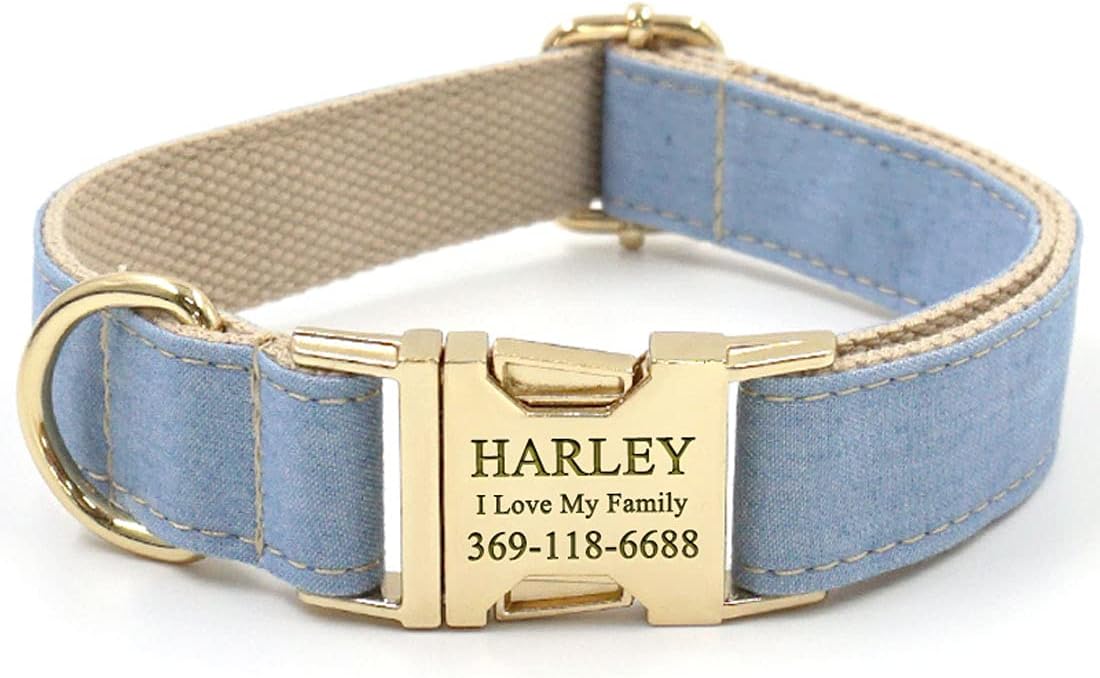 PETDURO Custom Denim Dog Collar Personalized with Name and Phone Engraved Gold Metal Buckle Light Blue Jean for Large Medium Dogs Wedding Birthday (Collar with Leash Poop Bag Holder, L)