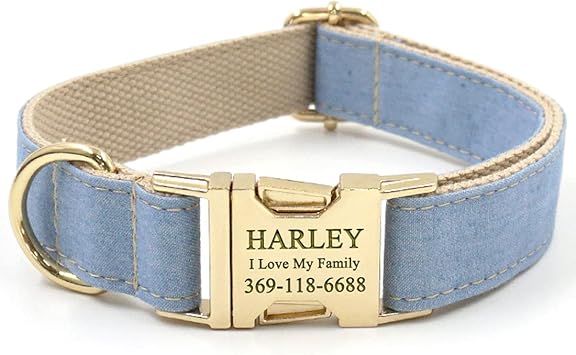 PETDURO Custom Denim Dog Collar Personalized with Name and Phone Engraved Gold Metal Buckle Light Blue Jean for Large Medium Dogs Wedding Birthday Collar Only, XS